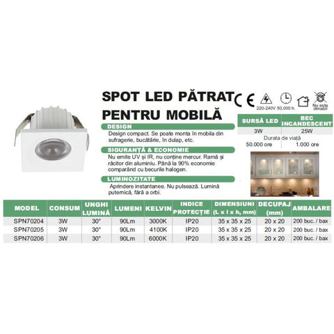 Spot LED Patrat pentru Mobila, 35x35mm, 3W, 6000K, lumina rece  SPN70206