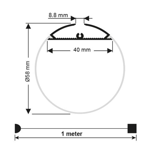 Profil Aluminiu Pentru Benzi Led, Difuzor-Cilindru O 58mm, 2m