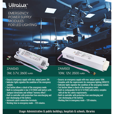 KIT pentru iluminat LED de urgenta cu baterie Litiu 3.6V 2500 mAh inclusa, minim 120min, 24W, ZAM243