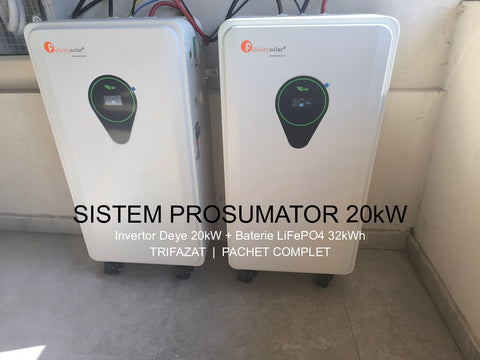 Sistem Fotovoltaic 20kWp trifazat + Invertor DEYE 20KW + Baterie LiFePO4 32kWh - Pachet Prosumator